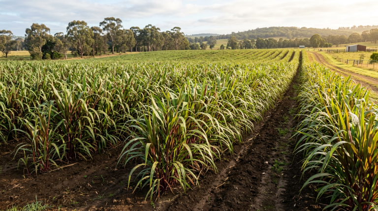 Rows of green crops in a sunlit rural field with trees and farm sheds
